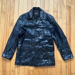 VTG Rugby North America Mens Black Leather Car Coat Jacket Made in Canada Large